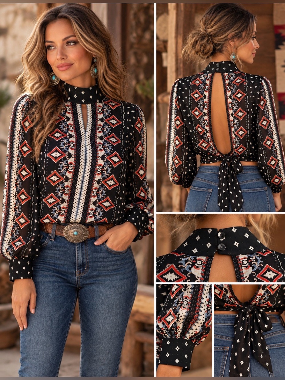 VENUS Black Geometric-Print Long Sleeve Tunic with Keyhole - open back-waist tie